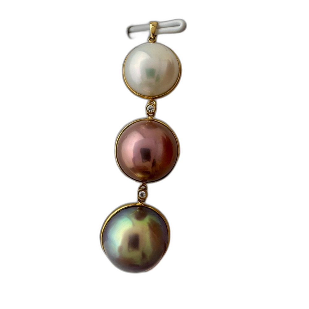 One-of-a-Kind Solid 18K Gold Gradient Edison Pearl Drop Pendant with Zirconia